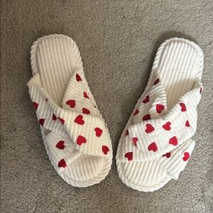 White Slippers with Red Heart Pattern